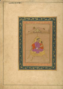 Den 3. Mughal-kejser Akbar sad på den kongelige trone, mens han holdt sin krone af School Mughal