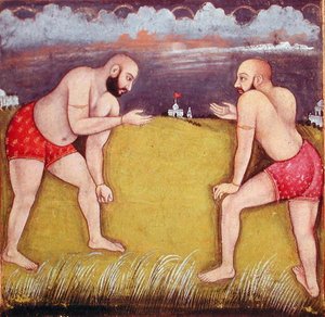 To wrestlere, begyndelsen af det 19. århundrede (gouache på papir) af School Mughal