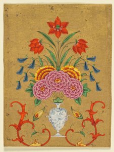 Vase med blomsterarrangement og rulleværk, ca. 1750-1800 (uigennemsigtig akvarel med guld på papir) af School Mughal