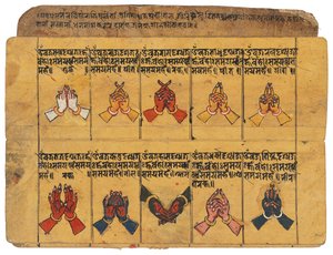 Et Thyasapu-manuskript med ikonografiske illustrationer af mudraer, Nepal af School Nepalese