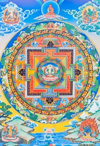 Chenresi mandala; den midterste figur skildrer medfølelsens Buddha, den himmelske manifestation af Amitava Buddha, altid tæt på lidende væsener (gouache på klæde)