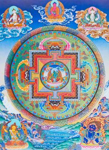 Grøn Tara Mandala skildrer moderens beskytter mod alle farer i tilværelsens hav (gouache på stof)