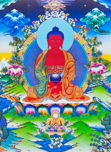 Billede af Amitabha Buddha siddende på en lotus (gouache på stof)