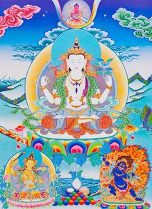 Billede der viser Chenresi, herren over de seks stavelser "Om Mani Padme Hum" (gouache på stof) af School Nepalese