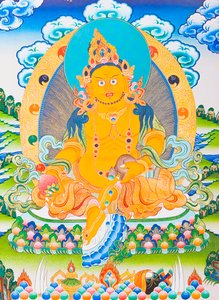 Billede af Dzambhala, den gule Dzambhala er manifestationen af Buddha Ratnasambhava, der symboliserer rigdom i den materialistiske verden (gouache på klæde)