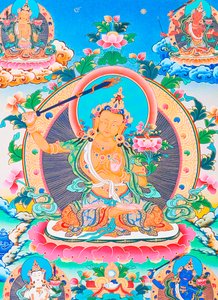 Billede der viser Manjushree, den legendariske skaber af Kathmandu-dalen (gouache på stof) af School Nepalese