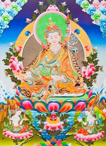 Billede der viser Padmasambhava eller guruen Rimpoche, den guddommelige apostel for tibetansk tantricisme, som siges at have fået kontrol over dæmoner og ånder (gouache på klæde)