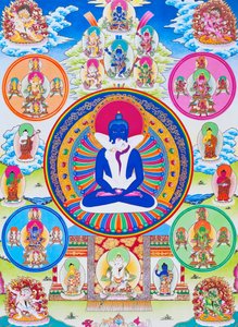 Billede, der afbilder Samantabhadra, sammen med sin ægtefælle, der symboliserer enhed med det absolutte (gouache på stof) af School Nepalese