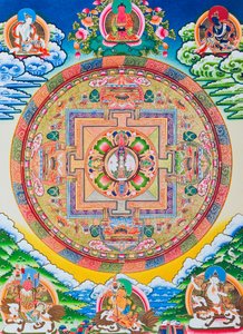 Mandala med tusind arme Avalokiteshvara; den hellige, magiske cirkel, der skildrer den elleve hovedede Bodhisattva, der symboliserer uendelig medfølelse (gouache på klæde)