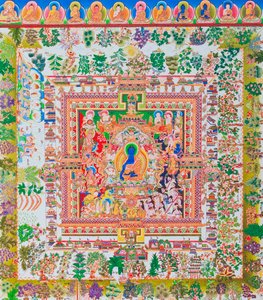 Medicin Buddha Mandala, midterfiguren af Bhaisajyaguru repræsenterer den øverste healer i klosterklæder med en skål indeholdende lægeplanter (gouache på stof)