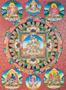 Hvid Tara Mandala; den syvøjede kvindelige guddom i det buddhistiske pantheon, der repræsenterer medfølelsens gudinde og menneskets beskytter (gouache på klæde)