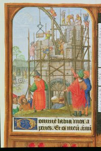 Tilføj 35313 f.34 Bygningen af Babelstårnet, Brügge eller Gent, ca. 1500 (vellum) af School Netherlandish