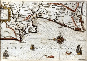 Cape Sagres (eller Sacred Cape) i slutningen af Portugal efter portulan af Luca J. Waghenaer Treesor af zeevaert trykt i Leiden i 1592 af School Netherlandish