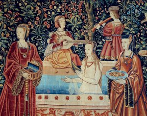 Herrelivets Gardin: Badet. Detalje. Uld og silketæppe lavet omkring 1520 i Holland. Søn 2,8x2,6 m Paris, middelalderens nationalmuseum, Thermes de Cluny