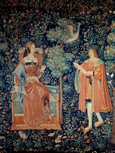 Curtain of the seigneurial life: høflig kærlighedsscene. Detalje. Uld og silketæppe lavet omkring 1520 i Holland. Paris, Nationalmuseet for middelalderen, Thermes de Cluny