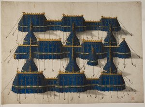 Design til en kongelig pavillon i blåt og guld, ca. 1520 (vellum) af School Netherlandish