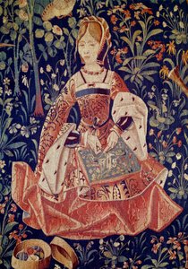 Ophængning af seigneurialt liv: Broderi. Detalje. Uld og silketæppe lavet omkring 1520 i Holland. Paris, Nationalmuseet for middelalderen, Thermes de Cluny