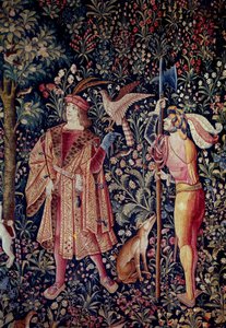 At hænge ud af det overordnede liv: afgang på jagt. Detalje. Uld og silketæppe lavet omkring 1520 i Holland. Paris, Nationalmuseet for middelalderen, Thermes de Cluny
