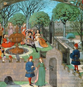 Harl 4425 f.12v Havescene, elskeren og damen Oyseuse (Lediggang) uden for havens mure, fra 