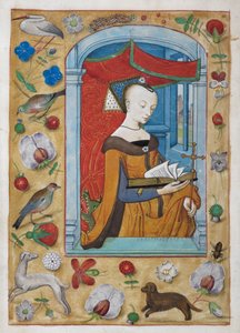 Kongebog 9, f.62v Kommendation til den hellige Margaret. Helgenen, med et kors i venstre hånd, står og læser under en baldakin, med en drage bag sig. Kanter af trompe l