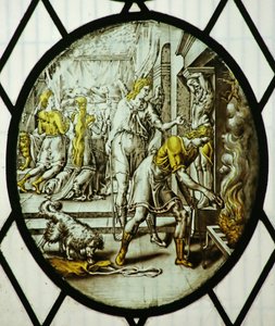 Roundel: Tobias brænder fiskens lever (farvet glas) af School Netherlandish