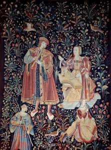 Gardinet for Seigneuriale Life: koncerttæppet af uld og silke lavet omkring 1520 i Holland. Søn 2,6x3,7 m Paris, middelalderens nationalmuseum, Thermes de Cluny