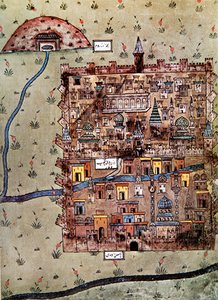 Kort over Erzerum, Tyrkiet ca. 1600 (farve litho)
