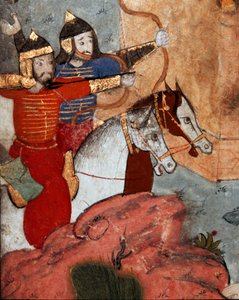 Bueskytterne af den mongolske leder Tamerlan (1336-1405) (eller Timur Lang, Timur den lamme”””) under slaget ved Ankara (Ancyra eller Ankora), som så den 20/07/1402 mongolernes sejr over osmannerne hær”” Detalje. Top Sarai Museum Library Ist