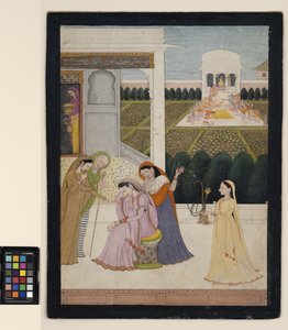 En dame trøster sig, mens de andre spiller Holi, ca. 1790 (ugennemsigtig akvarel, sølv og guld på papir)