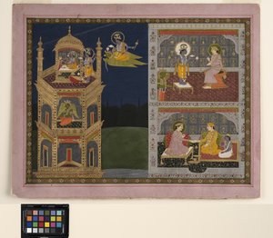 Vishnu nærmer sig et gyldent tårn på Garuda, ca. 1825 (ugennemsigtig akvarel og guld på papir)
