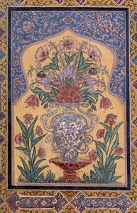 Vase med blomster, dekorative detaljer fra Wazir Khan-moskeen (1600-tallet), Lahore, Punjab, Pakistan