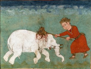 Islamisk kunst: Rostam (eller Rustam) mytiske helte og søn af Zal dræber den hvide elefant. Persisk miniature fra et manuskript af det episke digt "Shahnameh"" (Shah Nama, Shahnama) (Kongenes Bog) af Ferdowsi (Firdawsi eller Ferdawsi eller Firdousi, ca. 94