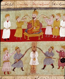 Islamisk kunst: en konge repræsenterer på toppen, med sine ledsagerslanger fodret af hoffolket, under en scene med tortur af en fjende. Persisk miniature fra et manuskript af det episke digt "Shahnameh"" (Shah Nama, Shahnama) (Kongernes Bog) af Ferdowsi (F