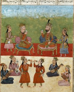 Islamisk kunst: koncert og underholdning i et harem. Persisk miniature fra et manuskript af det episke digt "Shahnameh"" (Shah Nama, Shahnama) (Kongenes Bog) af Ferdowsi (Firdawsi eller Ferdawsi eller Firdousi, ca. 940-omkring 1020) Biblioteca Nazionale Na af School Persian