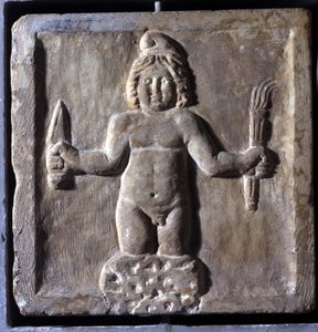 Repræsentation af Mitra (eller Mithra), en iransk guddom, født fra en klippe. Lav lindring. Han er repræsenteret og deler et måltid med Sol. De Konservatives Palads, Rom.