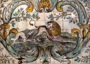 Hund truer en løve - Detalje af et dekorativt panel af jagtrummet i det tidligere palads i Praia, a Belem, Lissabon (Portugal) (Hund angriber en løve, dekorativt panel fra jagtrummet i det tidligere palads i Praia, i Belem) - Musee national des