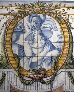 Ornamental panel med et portræt af en kvinde, Royal factory of Louca, en Ratio, fajance polykrom af School Portuguese
