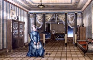 En spinster i et neo-klassisk stueinteriør, ca. 1835 (akvarel med forhøjning på papir) af School Russian