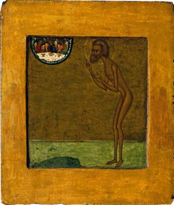 Basilikum den Velsignede eller Sankt Basilikum (Vassili) (1469-1551 eller 1557). Anonymt russisk ikon, tempera på træ, slutningen af ​​det 16. århundrede. Traditionel Moskva kunst. Statens Tretyakov-galleri, Moskva. af School Russian