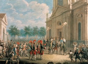 Catherine II (1729-1796) på trapperne til Kazan-katedralen (Sankt Petersborg), hilst velkommen af ​​gejstligheden på dagen for hendes overtagelse af tronen, 28. juni 1762. (Catherine II på The Staircase of The Kazan Cathedral, Greeted af Gejstligheden på D af School Russian