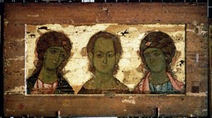 Kristus Emmanuel omgivet af ærkeenglene Michael og Gabriel (Kristus Emmanuel med ærkeenglene Michael og Gabriel). Russisk ikon, tempera på træ, slutningen af ​​det 12. århundrede. Kunst af Vladimir (Rusland). Statens Tretyakov-galleri, Moskva (Rusland). af School Russian