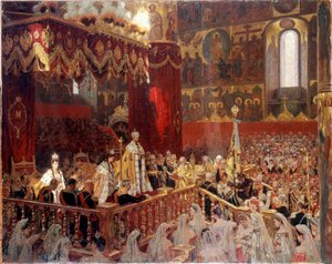 Kroning af Nicholas II i 1896 i Ousensky-katedralen i Moskva - Anonymt russisk maleri af School Russian