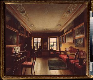 På værelset. (To mænd i samtale foran vinduet i et værelse med et klaver, dekoreret med malerier). Maleri af en russisk mester, olie på lærred, omkring 1830. Russisk kunst af School Russian