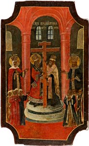 Exaltation de la Sainte Croix (Ophøjelse af det hellige kors) - russisk ikon, tempera på træ af School Russian