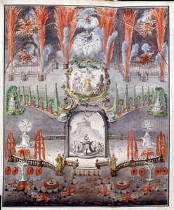 Fyrværkeri og belysning den 17. september 1747 i Gostilitsy (Rusland). Anonymt værk, kobberstik farvet i akvarel, midten af ​​1700-tallet. russisk kunst af School Russian