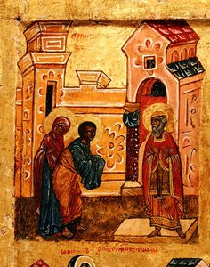 Ikon, der forestiller Joachim og Anna, der besøger templet i Jerusalem, ca. 1550 (tempera & bladguld på panel) (detalje af 314500) af School Russian