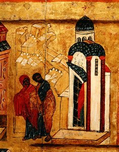 Ikon, der viser Joachim og Annas gaver, der bliver afvist på grund af deres barnløshed, ca. 1550 (tempera & bladguld på panel) (detalje af 314500) af School Russian