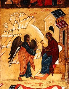 Ikon, der afbilder bebudelsen, ca. 1550 (tempera & bladguld på panel) (detalje af 314500) af School Russian