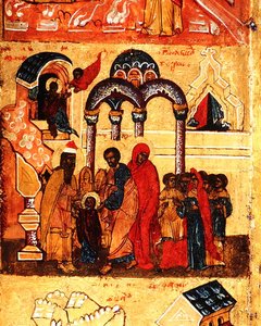 Ikon, der skildrer Jomfruens spæde barndom og hendes dedikation til Gud, ca. 1550 (tempera & bladguld på panel) (detalje af 314500) af School Russian
