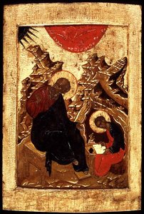 Ikon af Johannes Evangelisten og hans discipel Prokhor (bladguld og tempera på panel) af School Russian